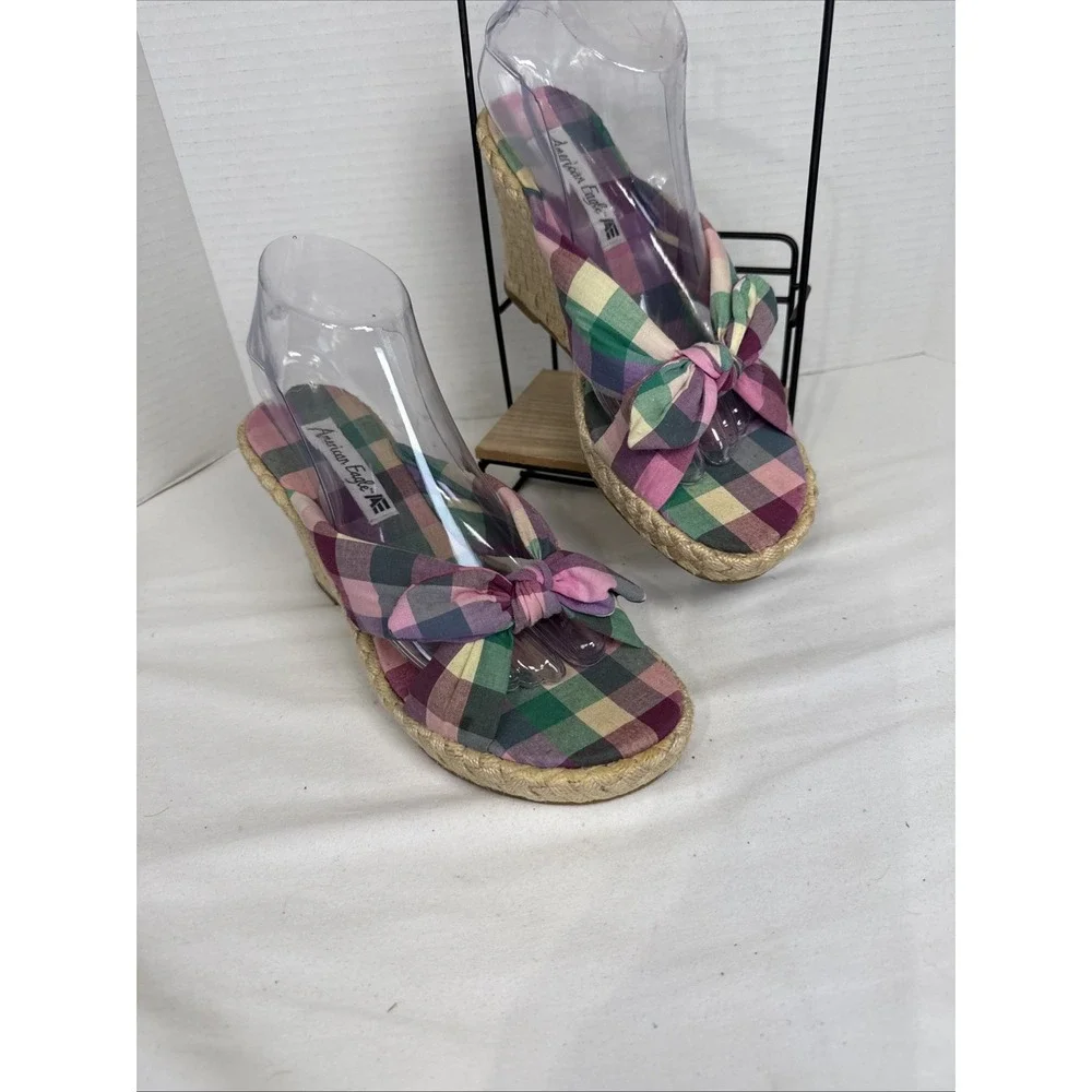 American Eagle Women's Multicolor Plaid Bow Slip-On Wedge Sandals US 8